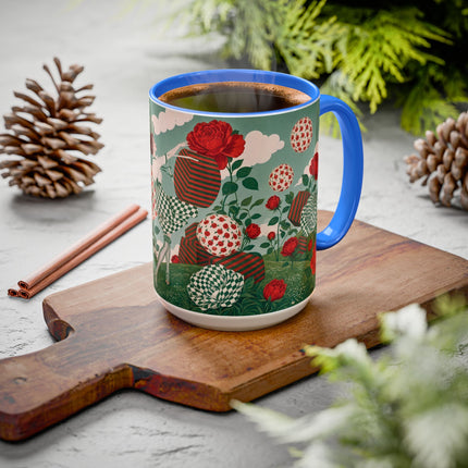 🌹💚 The Scarlet Rose Checkerboard Garden Colorful Mug – Art Deco Floral Whimsy