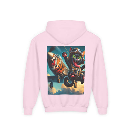 Parachuting Cat Commando Youth Hooded Sweatshirt – Action, Adventure & Wild Imagination