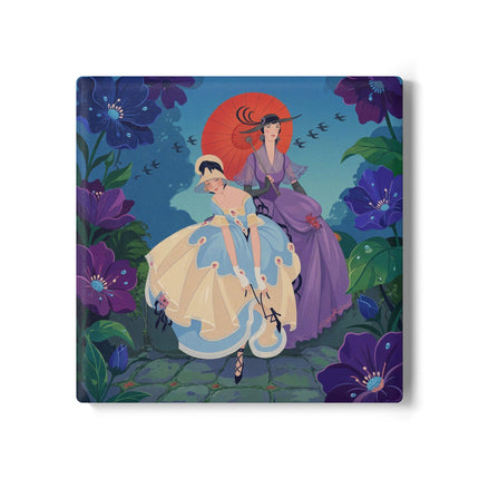 👒🌺 The Ladies Of The Enchanted Garden Stroll Ceramic Coaster – Art Deco Floral Elegance