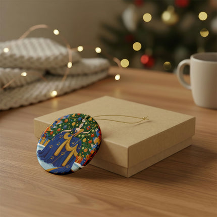 👑🎄 The Christmas Queen Of Golden Bells Ceramic Ornament – Art Deco Holiday Elegance