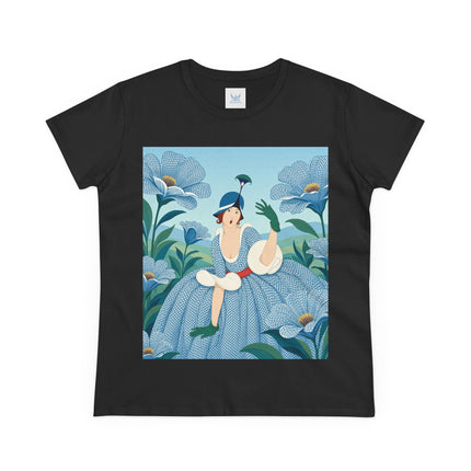 💙🌼 The Blue Blossom Garden Belle Cotton Tee – Art Deco Floral Whimsy