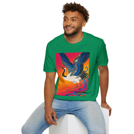 🪽🌅 The Celestial Crane Softstyle T-Shirt – Art Deco Wings Of Elegance