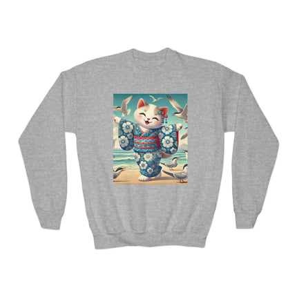 Geisha Kitten by the Seaside Youth Crewneck Sweatshirt – Coastal Charm, Joy & Whimsical Elegance