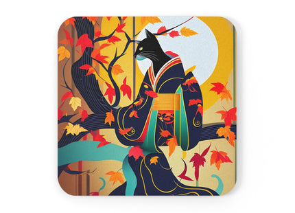 Black Cat in Kimono Cork Back Coaster
