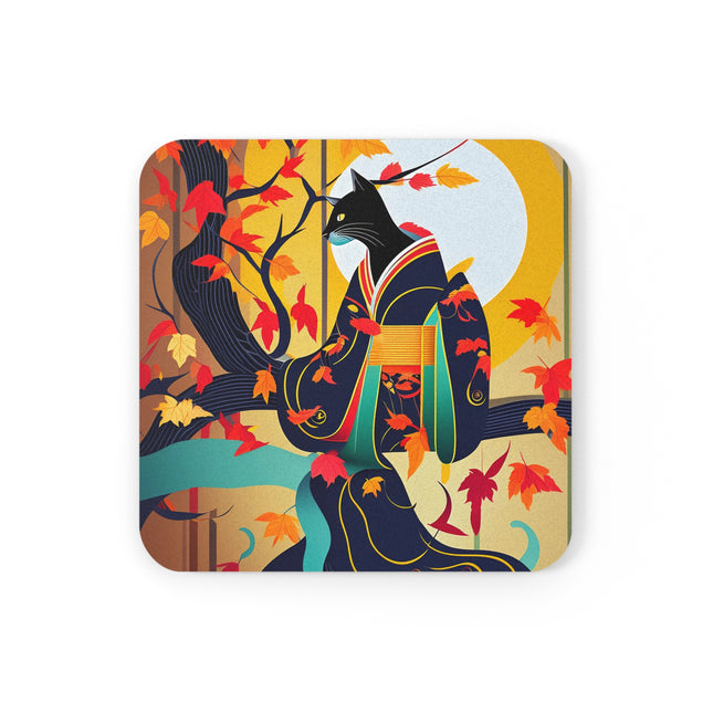 Black Cat in Kimono Cork Back Coaster
