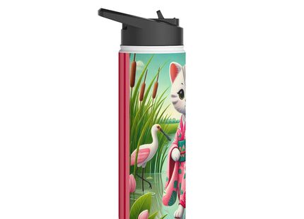 Geisha Kitten Strolls Among the Spoonbills Stainless Steel Water Bottle, Standard Lid