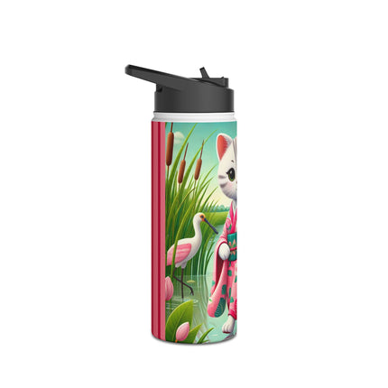 Geisha Kitten Strolls Among the Spoonbills Stainless Steel Water Bottle, Standard Lid