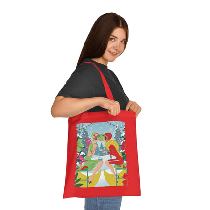 🎄☕ Christmas Tea In The Snow Garden Cotton Tote Bag – Art Deco Holiday Friendship