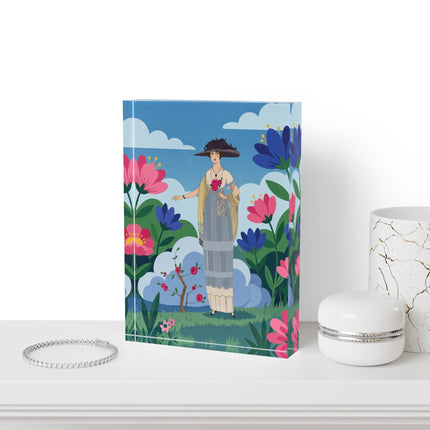 🌹🌤️ The Lady Of The Rose Garden Promenade Acrylic Art Block – Art Deco Fashion Illustration