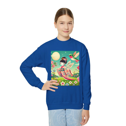 Geisha Fairy and the Hummingbird Blossom Youth Crewneck Sweatshirt – Magic, Grace & Dreamlike Beauty