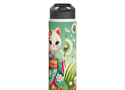 Geisha Kitten and the Dandelion Wish Stainless Steel Water Bottle, Standard Lid