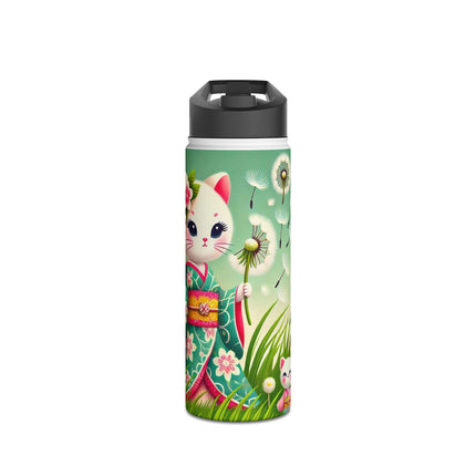Geisha Kitten and the Dandelion Wish Stainless Steel Water Bottle, Standard Lid