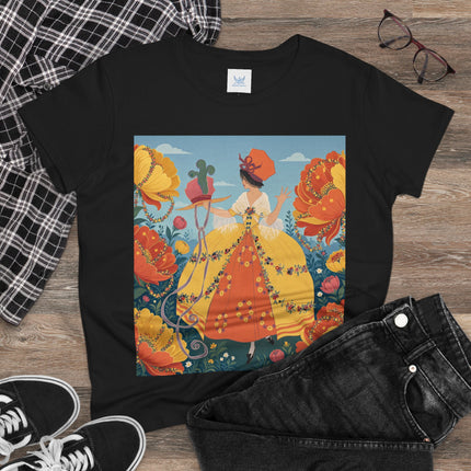 🧡🌼 The Golden Flower Promenade Cotton Tee – Art Deco Floral Elegance