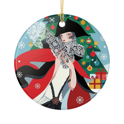 ❤️ The Lady Of The Crimson Scarf Ceramic Ornament – Art Deco Christmas Elegance