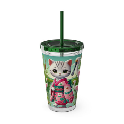 Geisha Kitten Strolls Among the Spoonbills Sunsplash Tumbler with Straw, 16oz
