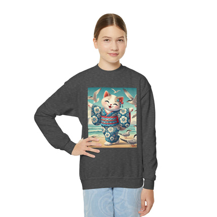 Geisha Kitten by the Seaside Youth Crewneck Sweatshirt – Coastal Charm, Joy & Whimsical Elegance