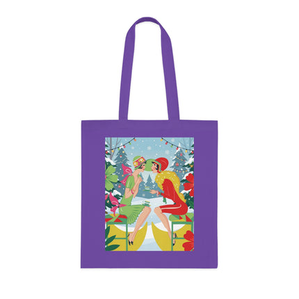 🎄☕ Christmas Tea In The Snow Garden Cotton Tote Bag – Art Deco Holiday Friendship
