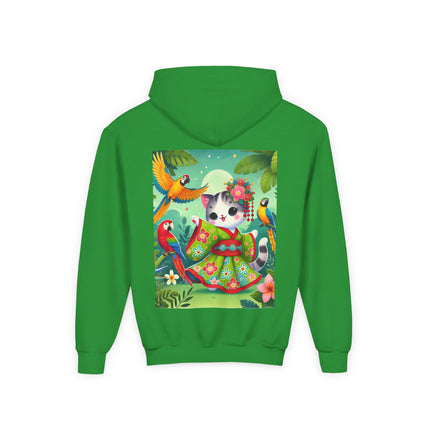 Parrot Dance of the Geisha Kitten Youth Hooded Sweatshirt – Tropical Joy & Whimsical Color