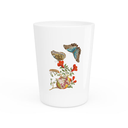 Blue Butterflies and Pomegranate by Maria Sibylla Merian Ceramic Shot Glass