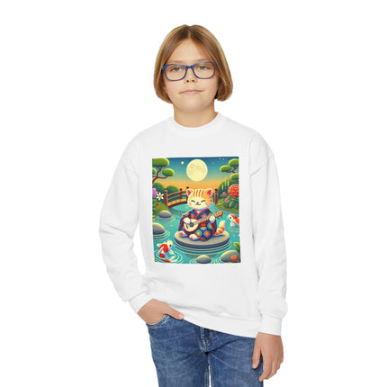 Melodic Kitten by the Koi Pond Youth Crewneck Sweatshirt – Harmony, Joy & Whimsical Charm