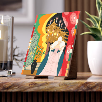 🕯️🎄 The Lady Of The Candlelit Christmas Alcove Ceramic Tile – Art Deco Holiday Elegance