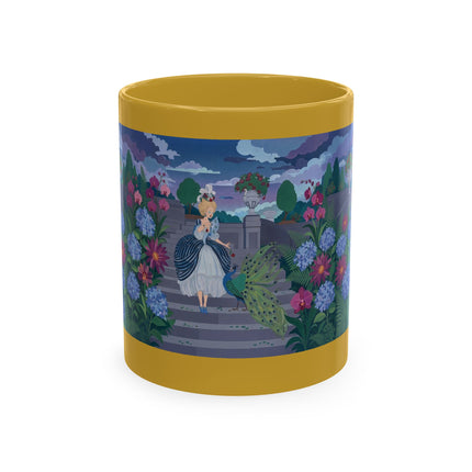 🦚🌸 The Lady & The Peacock On The Garden Steps Ceramic Mug – Art Deco Garden Elegance