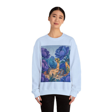 💙🌸 The Lady Among The Blue Blossoms Crewneck Sweatshirt – Art Deco Floral Reverie