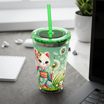 Geisha Kitten and the Dandelion Wish Sunsplash Tumbler with Straw, 16oz