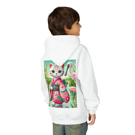 Geisha Kitten Strolls Among the Spoonbills Youth Hooded Sweatshirt – Graceful Nature & Whimsical Charm