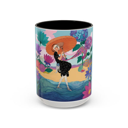 The Lady Of The Coral Parasol Colorful Mugs – Art Deco Coastal Elegance