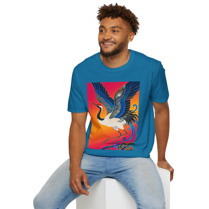 🪽🌅 The Celestial Crane Softstyle T-Shirt – Art Deco Wings Of Elegance