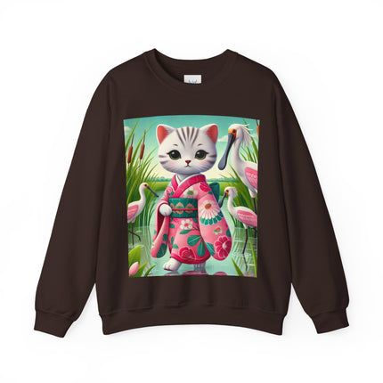 Geisha Kitten Strolls Among the Spoonbills  Unisex Heavy Blend™ Crewneck Sweatshirt