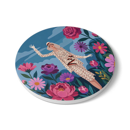 🌺👒 The Grand Flower Promenade Ceramic Coaster – Art Deco Fashion Illustration