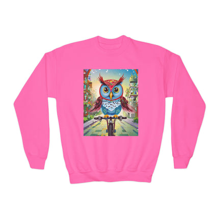 Cycling Owl Youth Crewneck Sweatshirt – Urban Adventure & Playful Motion