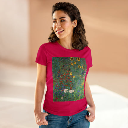 Farm Garden with Sunflowers by Gustav Klimt Women's Midweight Cotton Tee