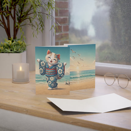 🐱🌊 The Seaside Kimono Kitten Greeting Card – Whimsical Coastal Elegance