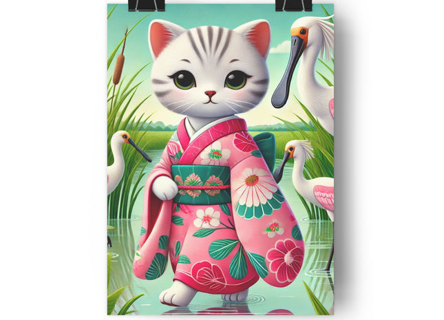 Geisha Kitten Strolls Among the Spoonbills Giclée Art Print