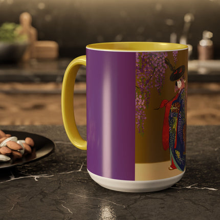 Wisteria Elegance Colorful Mug (11oz, 15oz) – Floral Beauty, Kimono Art & Timeless Grace