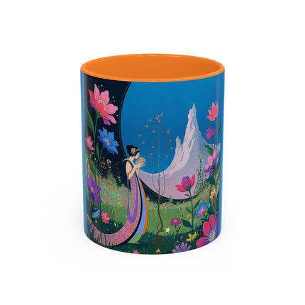 The Lady And The Moonlit Peak Colorful Mugs – Art Deco Alpine Garden Elegance