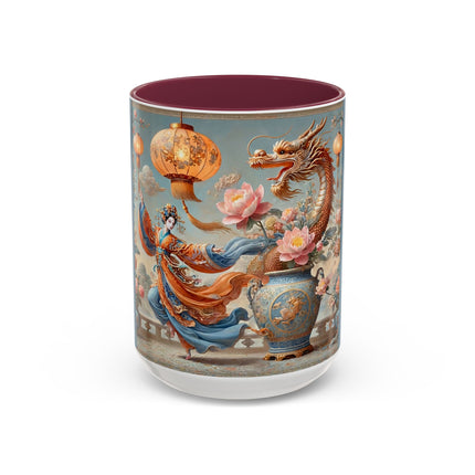Golden Dragon & Lantern Lady Colorful Mug – Imperial Dragon & Elegant Harmony