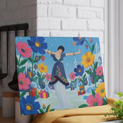 🌸❄️ The Lady Of The Enchanted Winter Garden Glass Cutting Board – Art Deco Holiday Fantasy