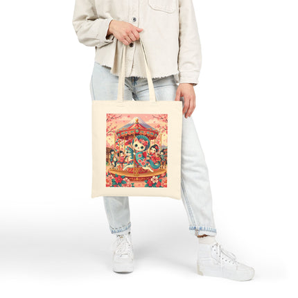 Geisha Kitten's Enchanted Carousel Ride Cotton Canvas Tote Bag – Whimsical Dreams & Cherry Blossom Magic