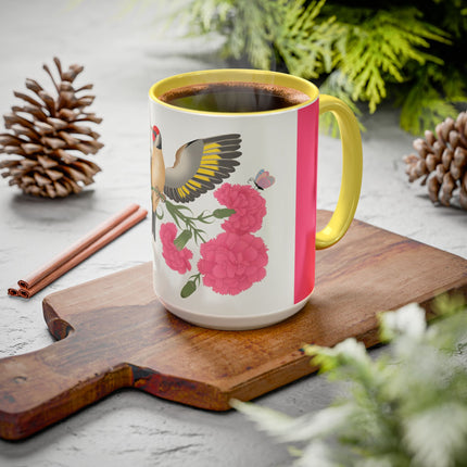 Goldfinch & Pink Flowers Colorful Mugs – Vibrant Spring & Bold Beauty