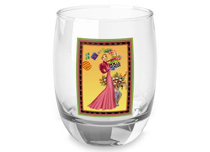 Elegant Holiday Woman with Gifts Whiskey Glass