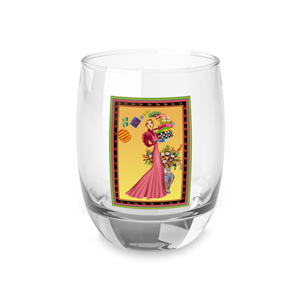 Elegant Holiday Woman with Gifts Whiskey Glass