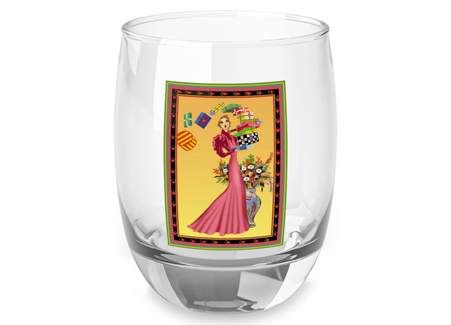Elegant Holiday Woman with Gifts Whiskey Glass