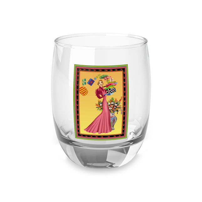 Elegant Holiday Woman with Gifts Whiskey Glass