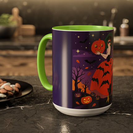 🎃🌕 The Pumpkin Moon Enchantress Colorful Mug – Elegant Halloween Masquerade