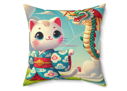 Geisha Kitten and the Dragon Kite Spun Polyester Square Pillow