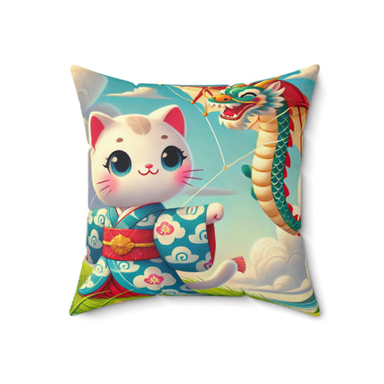 Geisha Kitten and the Dragon Kite Spun Polyester Square Pillow